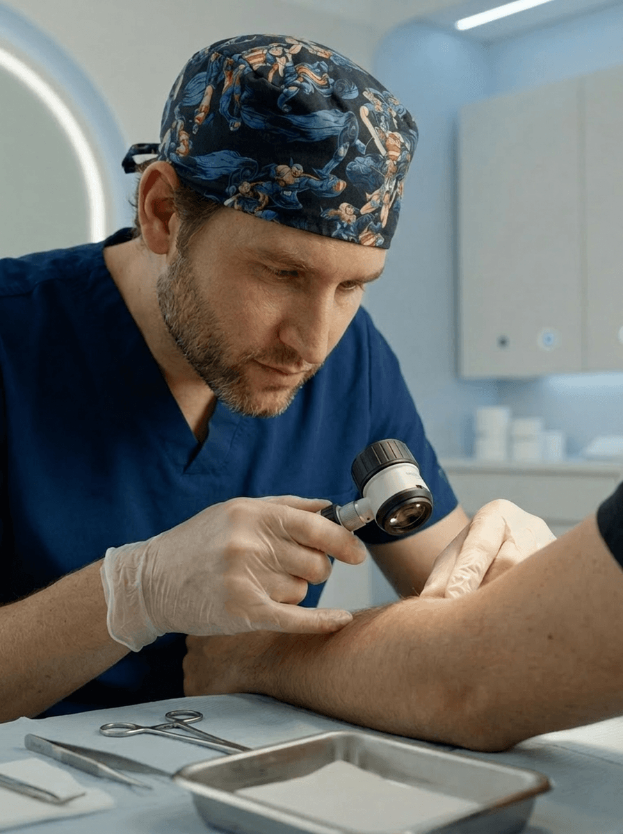 Dr. Kaplan examining with dermatoscope